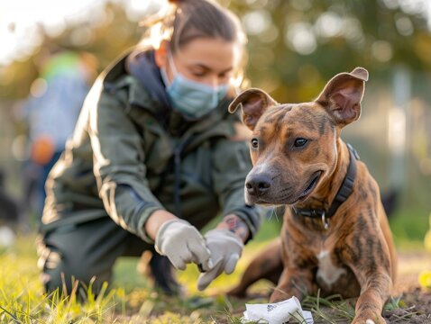 A woman wearing a mask and gloves is cleaning up dog poop with a plastic bag.