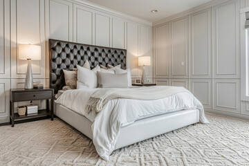 White master bedroom with a sophisticated paneled wall, a sleek leather headboard, and a high-end wool carpet.