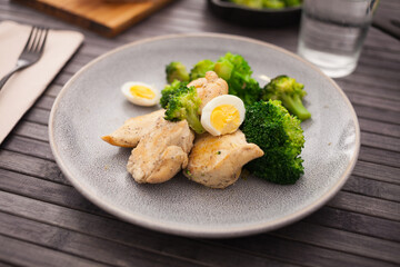 Pieces of fried chicken breast with boiled broccoli and quail eggs on plate for lunch
