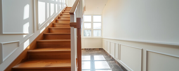Fototapeta premium View on the stairs in renovated house with white walls.