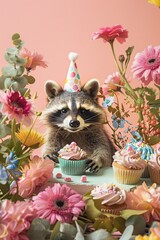 Raccoon With Party Hat and Cupcakes