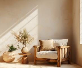 An wooden armchair with beige cushions, placed on the floor in front of an empty wall, next to it is a small round table and two vases filled with plants, creating a warm atmosphere