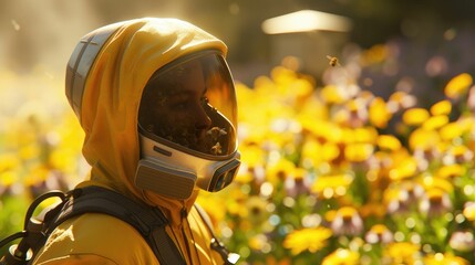 The picture of the beekeeper keeping the bee and managing beehive also working in rural area, the beekeeper require skills like hive management, pollination knowledge and the safety procedures. AIG43.