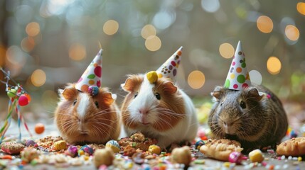 Group of Three Hamsters Wearing Party Hats