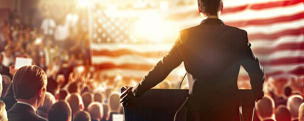 Man in suit speaking at a podium with American flags in background at a political event. - obrazy, fototapety, plakaty