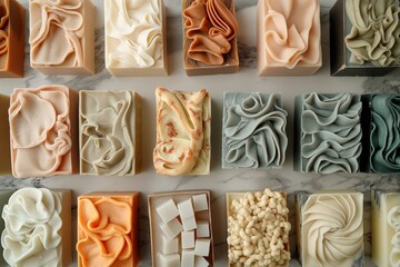 An array of artisanal soaps with natural textures and colors, neatly arranged on a marble studio...