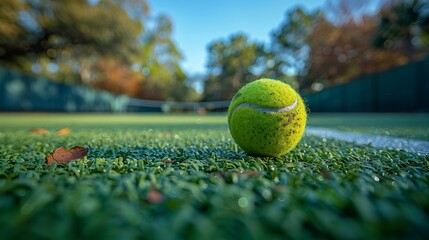 used tennis ball on green court with blurred background