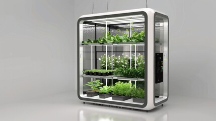 Fototapeta premium Racks with young microgreens in pots under led lamps in hydroponics vertical farms.