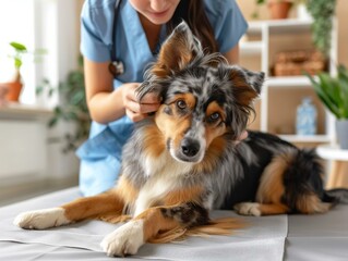 A veterinarian examines an Australian Shepherd dog's ear.