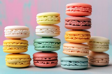 An assortment of colorful macarons delicately stacked, with a focus on the texture and vibrant hues against a pastel-colored studio backdrop.