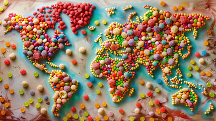 World map made of colorful candies and sweets