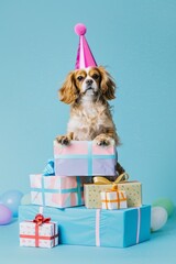 Dog in Birthday Hat Sitting on Presents