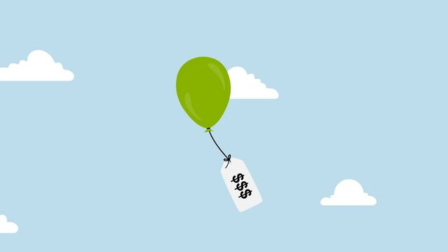 Inflation causing price rising up, 4k animation of balloon tied to the price tag of a product flying high into the sky