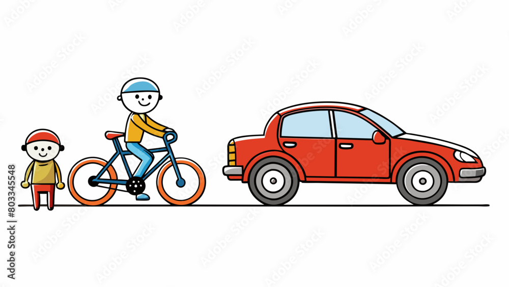 Poster A bicycle and a car The bicycle is smaller and powered by human legs while the car is larger and powered by an engine.. Cartoon Vector