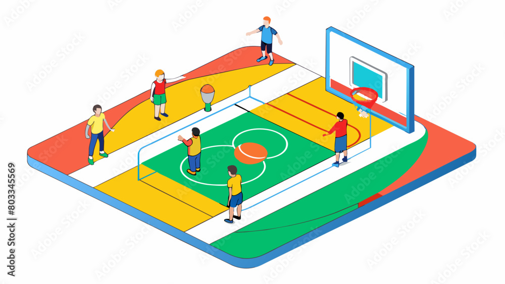 Poster a basketball court lined with brightly colored lines and hoops where students gather to play games a