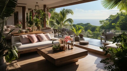Obraz premium Modern tropical living room with amazing sea view