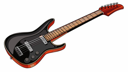 Obraz premium A black electric guitar with a solid body and a sleek angled neck. The strings are connected to an amplifier allowing for a louder and distorted sound. Cartoon Vector