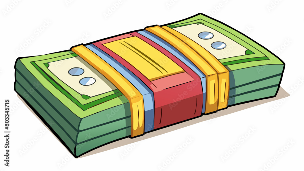 Poster A bundle of paper money secured with a band each bill featuring a unique serial number. The bills are typically of different colors and sizes to. Cartoon Vector