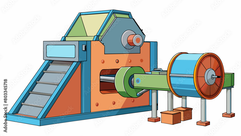 Poster a bulky industrial machine with large round blades and a wide opening for grinding and shredding pla