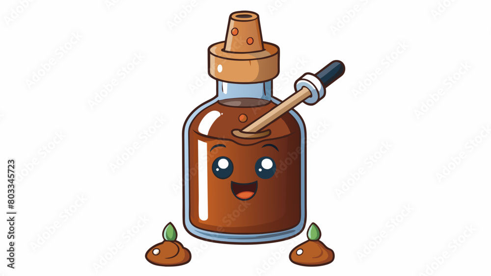 Poster a brown liquid in a glass bottle with a dropper attached to the lid. the liquid is slightly viscous 