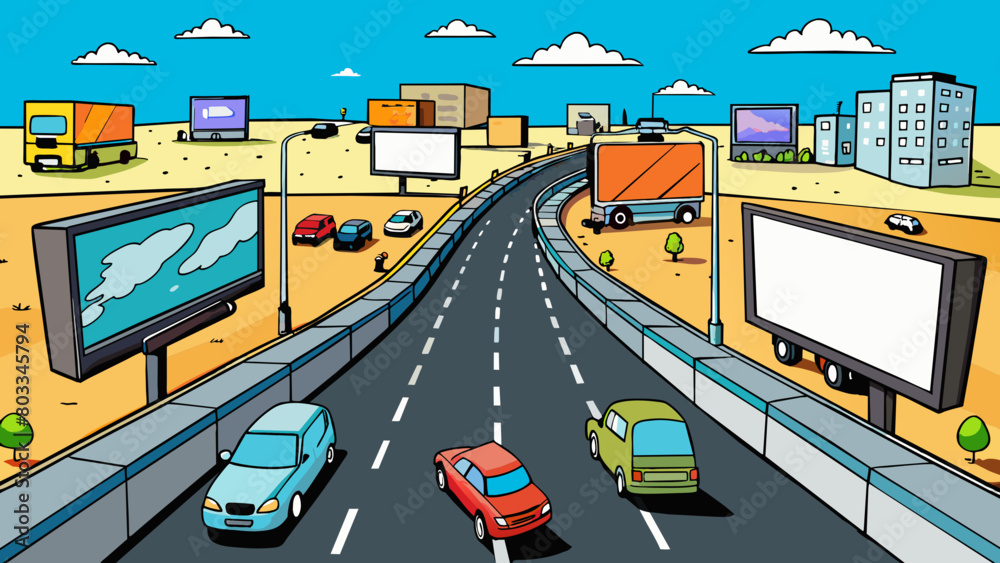 Poster a bustling multilane highway that s through the heart of the city. bright billboards and neon signs 