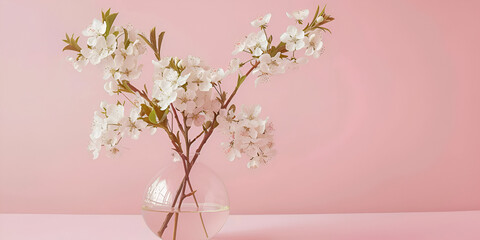 Bouquet vase of cherry blossoms Minimal Vase with beautiful peony flowers on wall background Fresh branches of pink cherry blossoms in glass vase on table at pastel pink wall. Copy space web banner