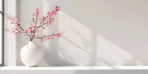 Bouquet vase of cherry blossoms Minimal Vase with beautiful peony flowers on wall background Fresh branches of pink cherry blossoms in glass vase on table at pastel pink wall. Copy space web banner