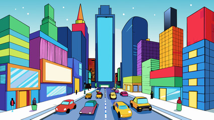 A bustling city street surrounded by towering skyscrs and buzzing with cars and pedestrians. The buildings are made of sleek steel and glass and. Cartoon Vector