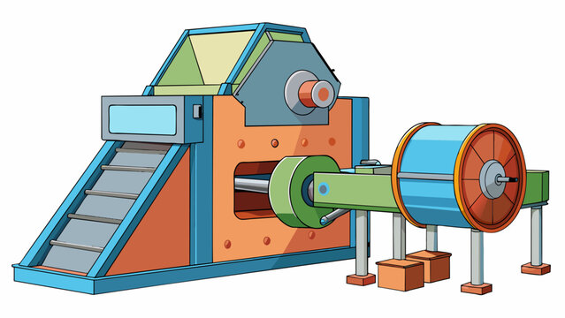 A bulky industrial machine with large round blades and a wide opening for grinding and shredding plastic materials. It has a chute for loading the. Cartoon Vector
