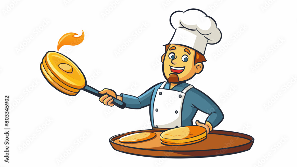 Poster a chef swiftly flipping pancakes in a sizzling pan the smell of butter and syrup filling the air and