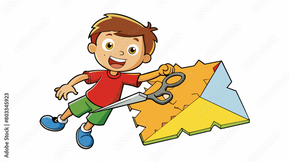 Poster A child using safety scissors to out shapes from a piece of construction paper. The rough and jagged edges add a playful touch to the finished. Cartoon Vector
