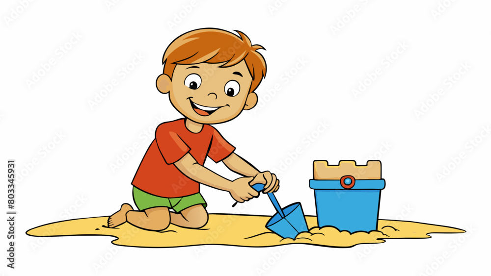 Poster a child scoops up wet sand from the beach and presses it into a plastic pail forming a tall cylindri