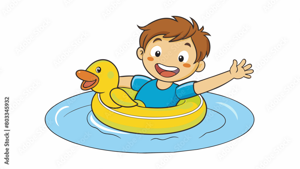 Aufkleber A child splashing in the pool holding onto a bright yellow floatie. The floatie is shaped like a duck with a friendly smile and the child giggles as. Cartoon Vector