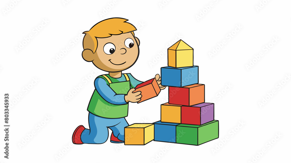Poster A child stacking blocks to create a tower with each block being a different size and shape. The child must carefully calculate and arrange the blocks. Cartoon Vector