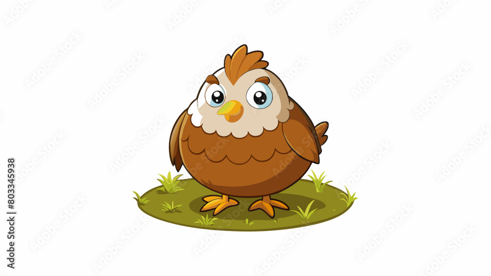Poster A chubby round bird with fluffy brown and white feathers hopping around in a field its tiny beak pecking at the ground in search of food.. Cartoon Vector