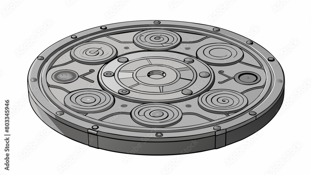 Poster a circular disc made from thin sheet metal with intricate outs and intricate designs etched into its