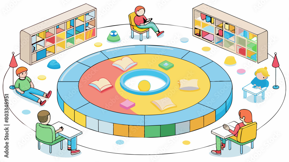 Poster a circular carpet with bright primary colors sits in the center of the room surrounded by comfy bean