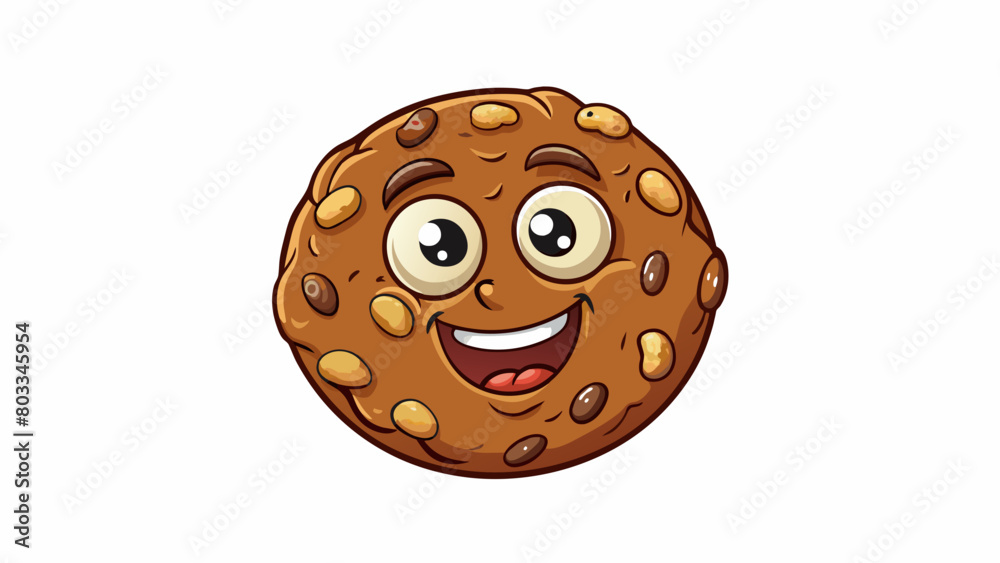 Poster A circular cookie with a deep brown color and a rich nutty smell. It is filled with oats and chopped nuts giving it a hearty and satisfying crunch.. Cartoon Vector