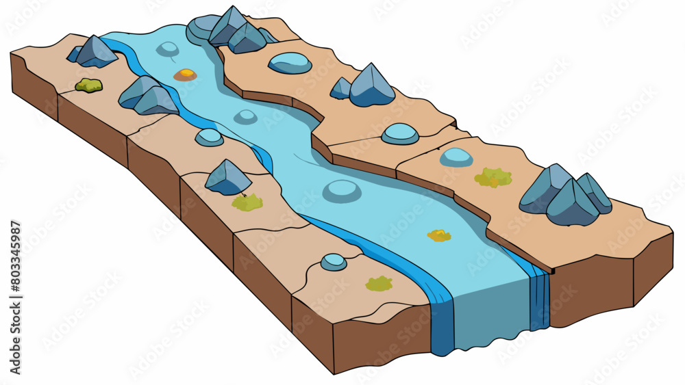 Poster A clear bubbling stream ting through a rocky valley. The water is cold and refreshing and small fish dart between the pebbles on the bottom. Sunlight. Cartoon Vector