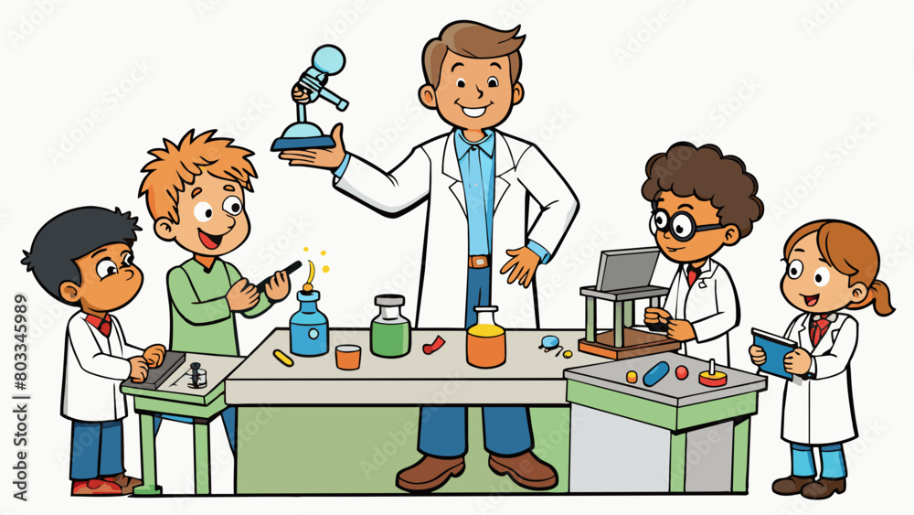 Poster A classroom filled with students engaged in handson activities exploring scientific concepts through experiments and building models. The teacher. Cartoon Vector