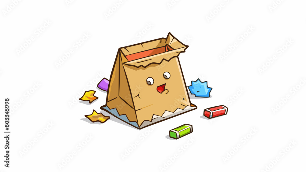 Poster A cled torn paper bag with ripped edges lying on the street. Inside there are bits of ripped paper used tissues and candy wrappers tered a the cled. Cartoon Vector