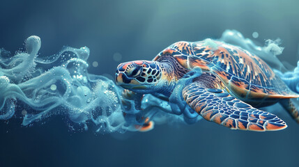 A vibrant sea turtle glides through swirling, ethereal waters, showcasing a magical underwater dance that captivates the eye and soothes the soul