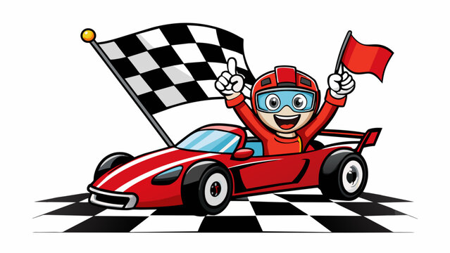 A classic red and white checkered flag waves proudly in the air as the winner of the championship race crosses the finish line in his sleek and speedy. Cartoon Vector