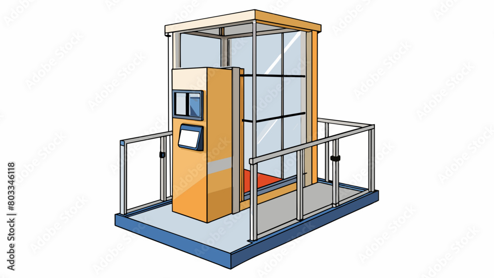 Poster A compact foldable platform elevator with a simple control panel and safety railings. It stands in the corner of a quaint twostory home providing easy. Cartoon Vector