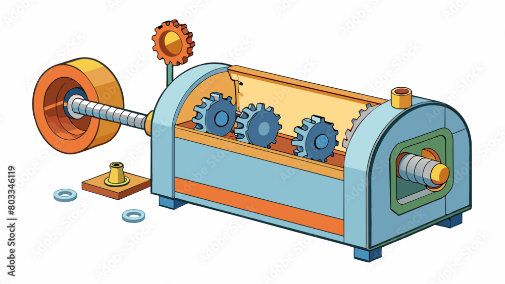Poster A compact and fastmoving machine that can produce multiple small plastic components at once. The machine has a horizontal barrel with a screw inside. Cartoon Vector