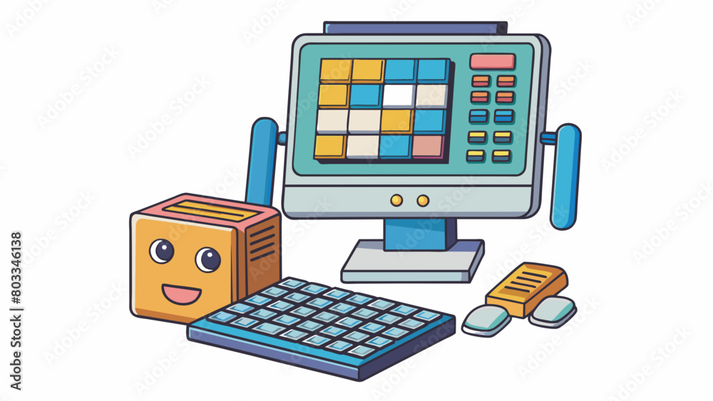 Poster A compact desktop assistant resembling a mini computer with a keyboard and a screen. It can manage files create presentations and make calculations.. Cartoon Vector