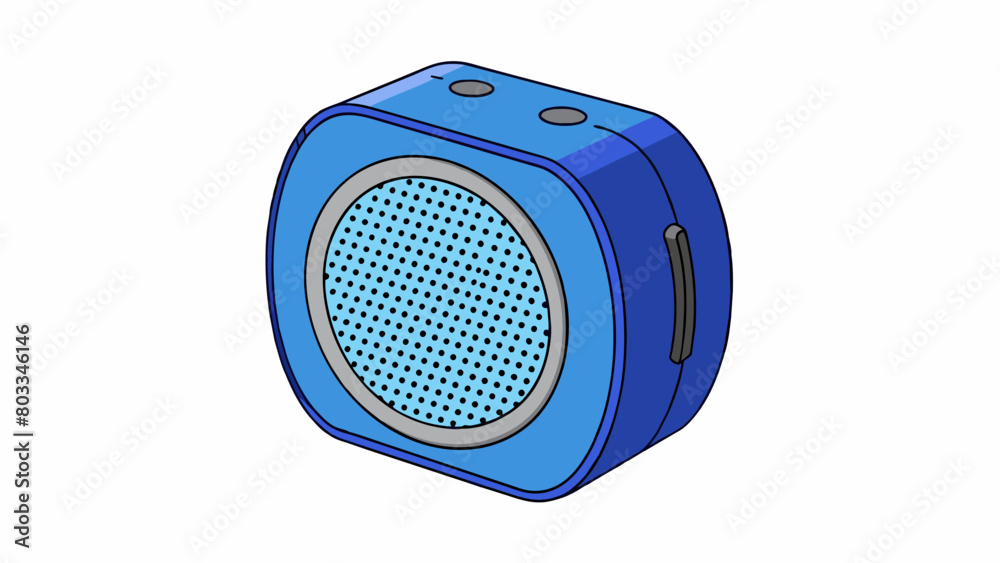 Poster A compact wireless speaker with a round rubberized exterior in a vibrant shade of blue. It features a prominent volume dial on the front and is easily. Cartoon Vector
