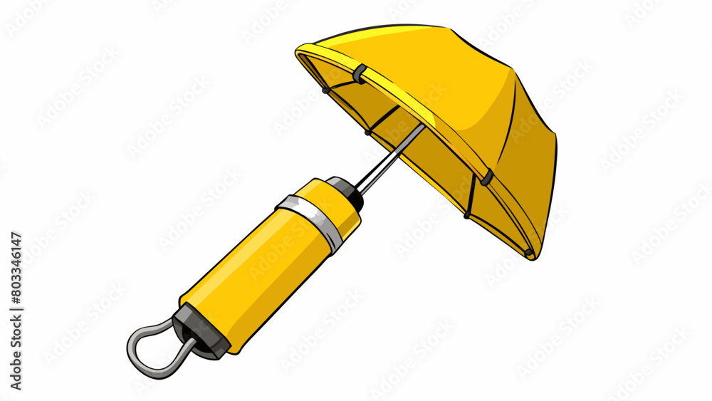 Poster A compact foldable umbrella in bright yellow with a sy metal frame and a rubbercoated handle for a comfortable grip. It comes with a matching sleeve. Cartoon Vector