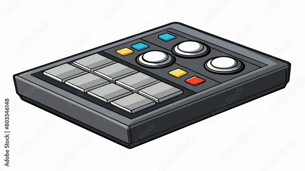 Poster A compact control panel with a sleek minimalist design. It is made of black anodized aluminum with a glossy finish and has a series of push buttons. Cartoon Vector