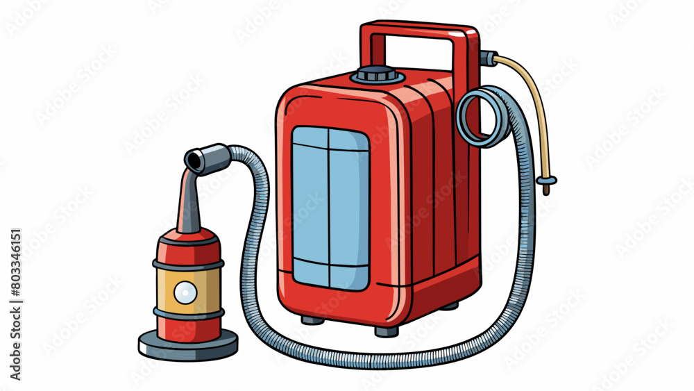 Poster A compact and portable pump resembling a large fire extinguisher. It has a durable metal exterior with a small nozzle at the top and a hose attached. Cartoon Vector